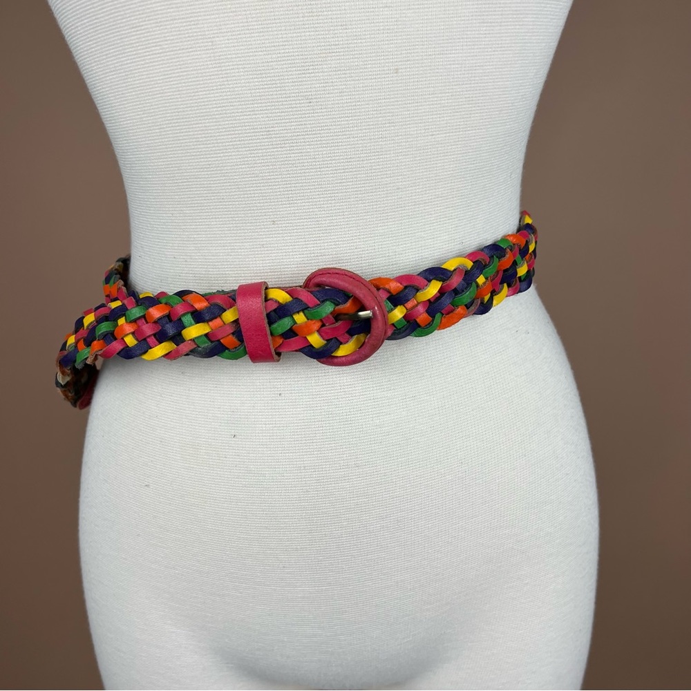 Vintage Multicolored Woven Leather Belt with Pink Buckle 34 inches